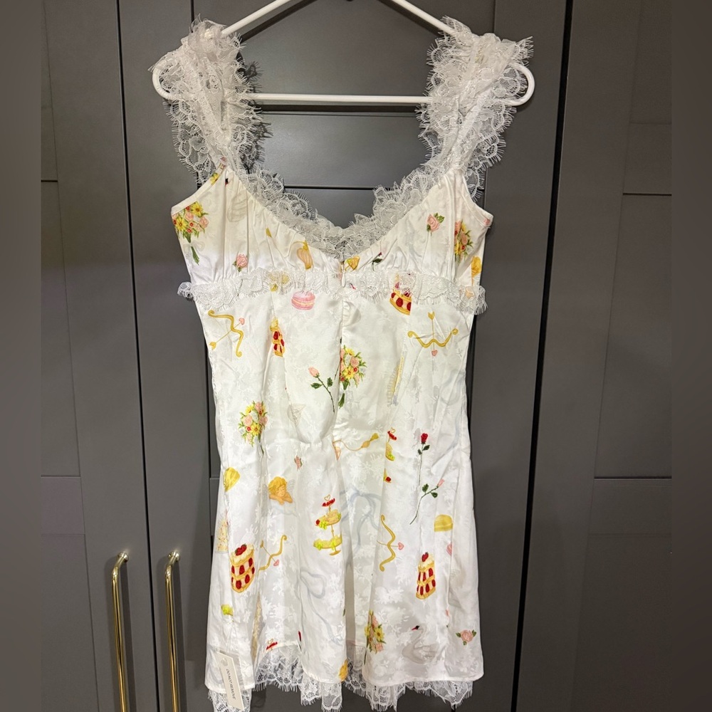 For Love & Lemons Lace Trim Mini Dress NWT Angel Dessert Print White Size S